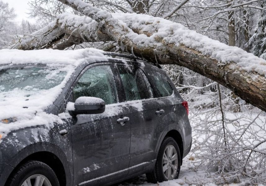 Winter tree damage in Maryland with fallen tree on vehicle after ice and snow